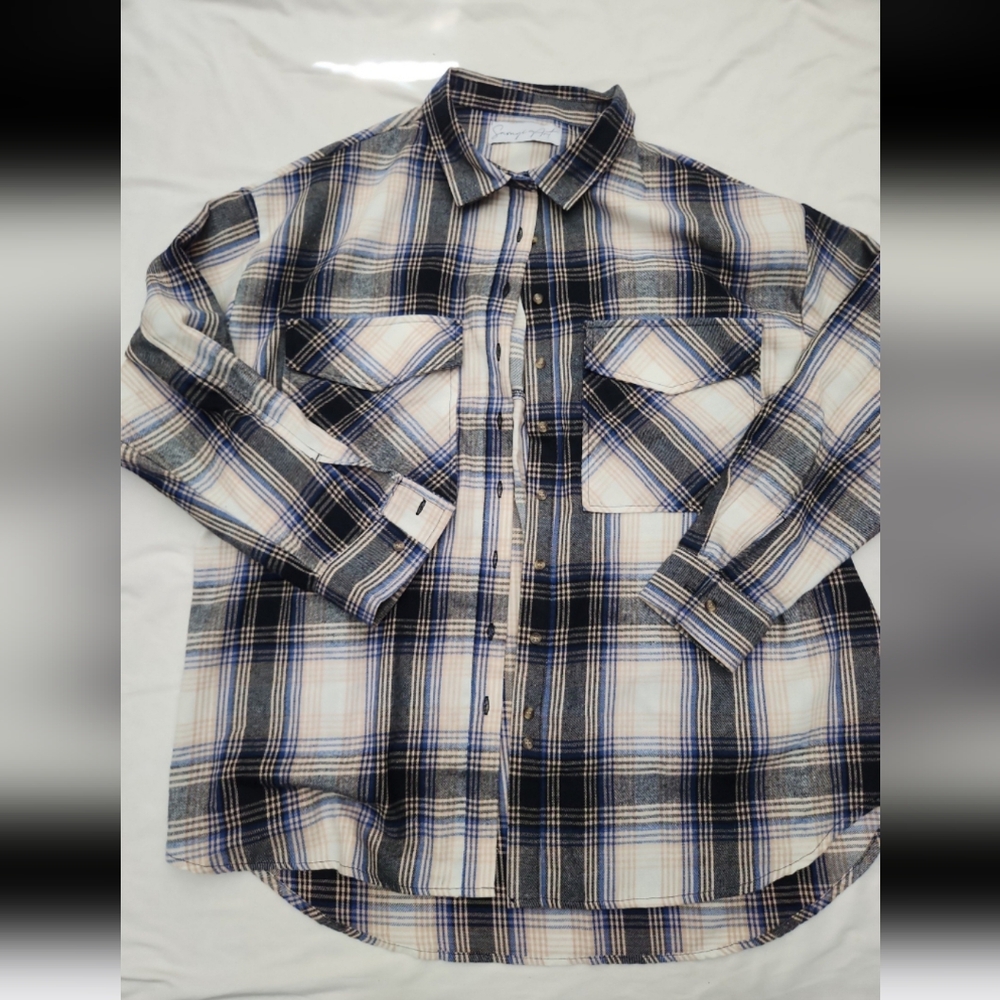 Savage art womens size 1X Blue black plaid button Blouse #P4